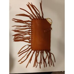 Brown Leather INZI Zipper Pouch With Inside Zipper Pocket With D Ring And Fringe